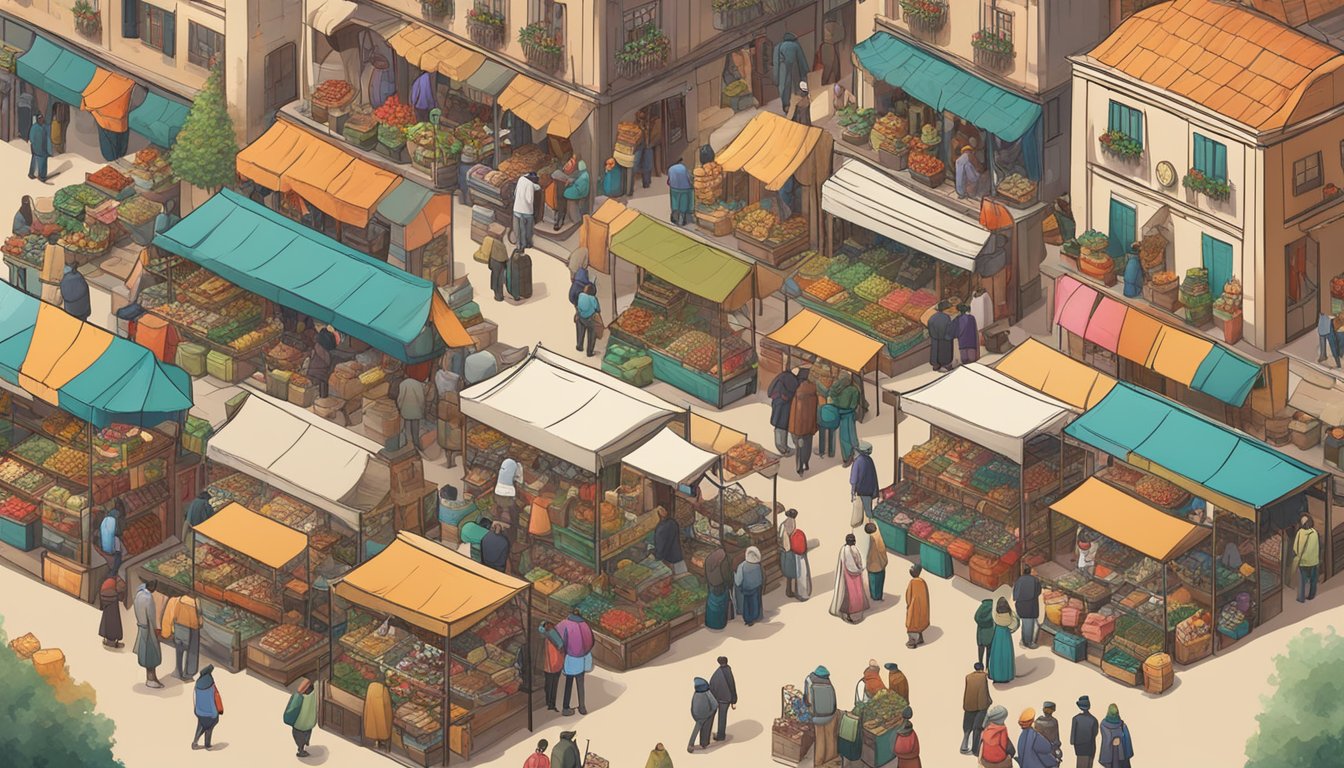 A bustling marketplace with diverse goods and vendors, showcasing unique cultural traditions and festivities, devoid of Christmas decorations or symbols