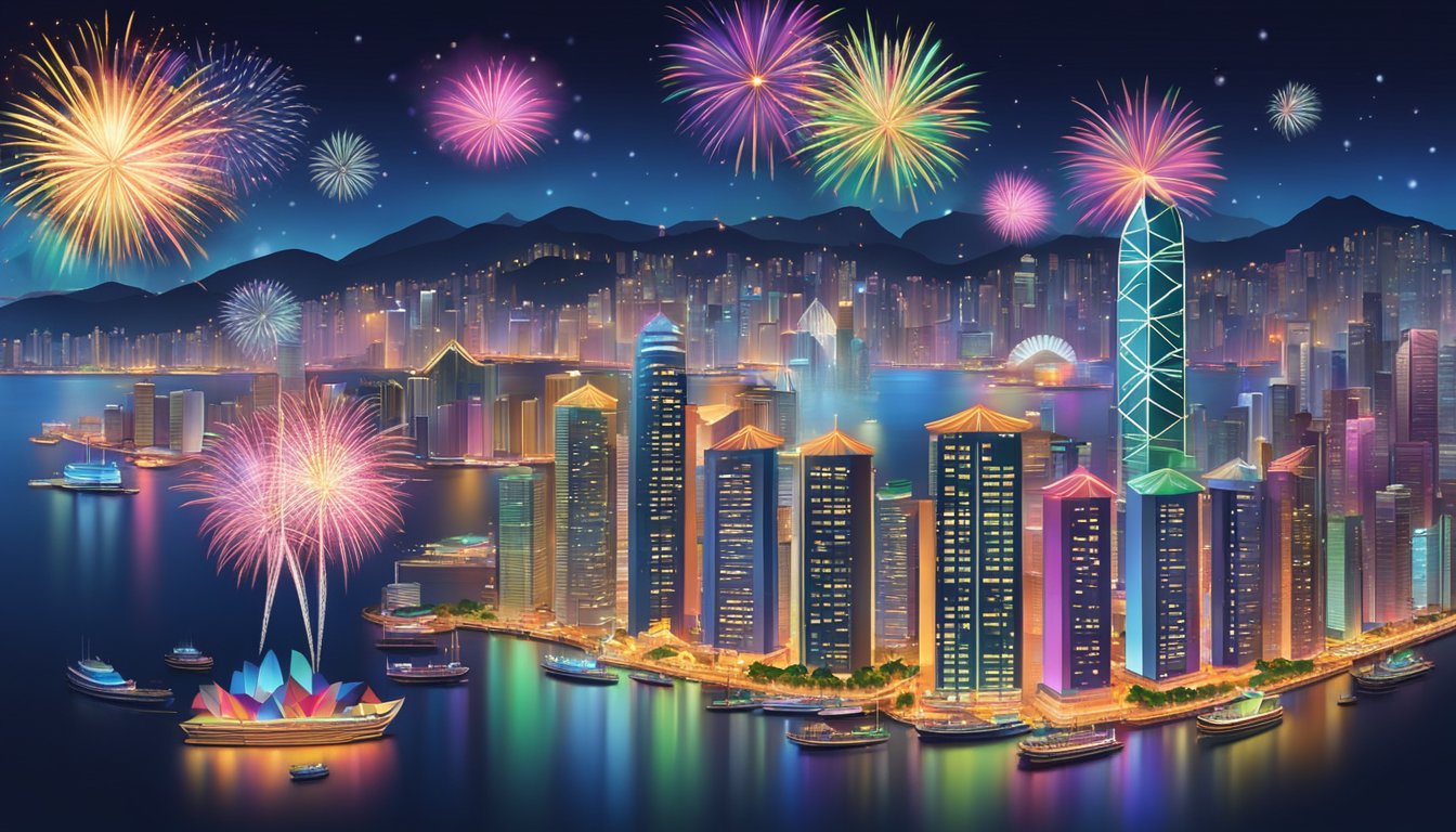 Colorful fireworks light up the night sky over Hong Kong, as festive decorations adorn the streets and buildings, creating a joyful and vibrant atmosphere