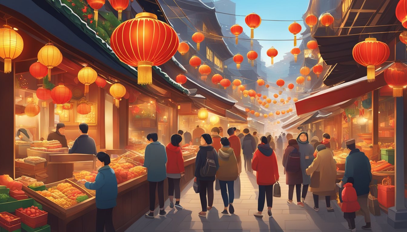 Festive scene: red and gold decorations, glowing lanterns, bustling markets, and families sharing traditional meals in Hong Kong on Christmas Day