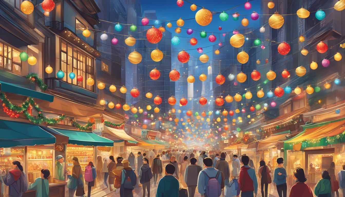 Colorful Christmas decorations adorn the bustling streets of Hong Kong, with bright lights, festive banners, and ornate displays creating a joyful and lively atmosphere