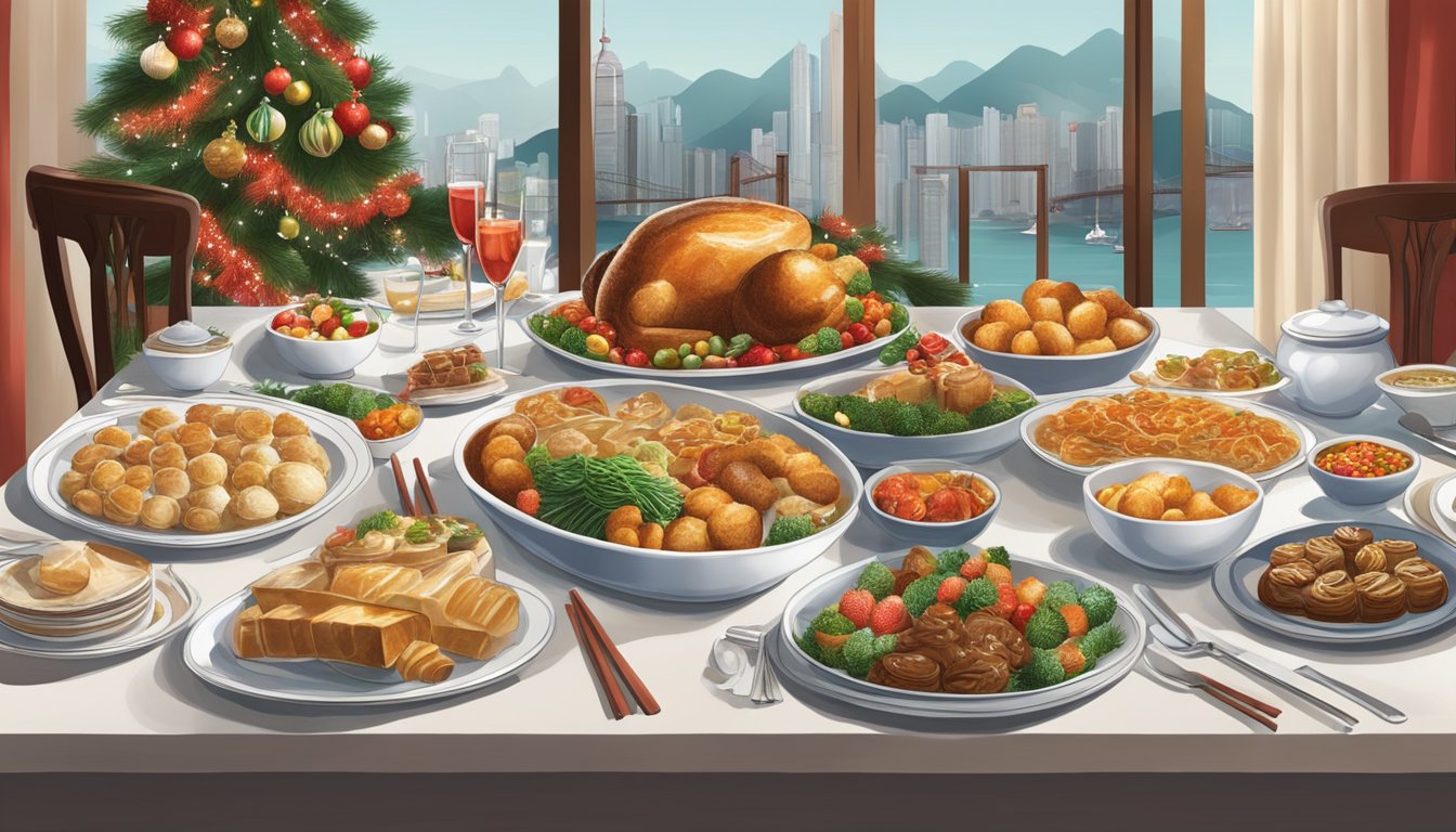 A festive dining table adorned with Christmas decorations and a spread of traditional Hong Kong culinary delights
