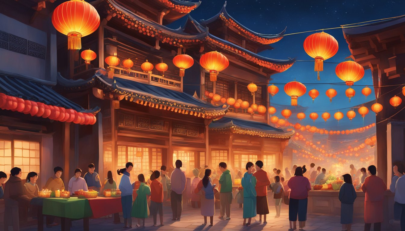 Colorful lanterns hang from buildings, while dragon dances fill the streets. Fireworks light up the night sky, as families gather for festive meals and exchange red envelopes