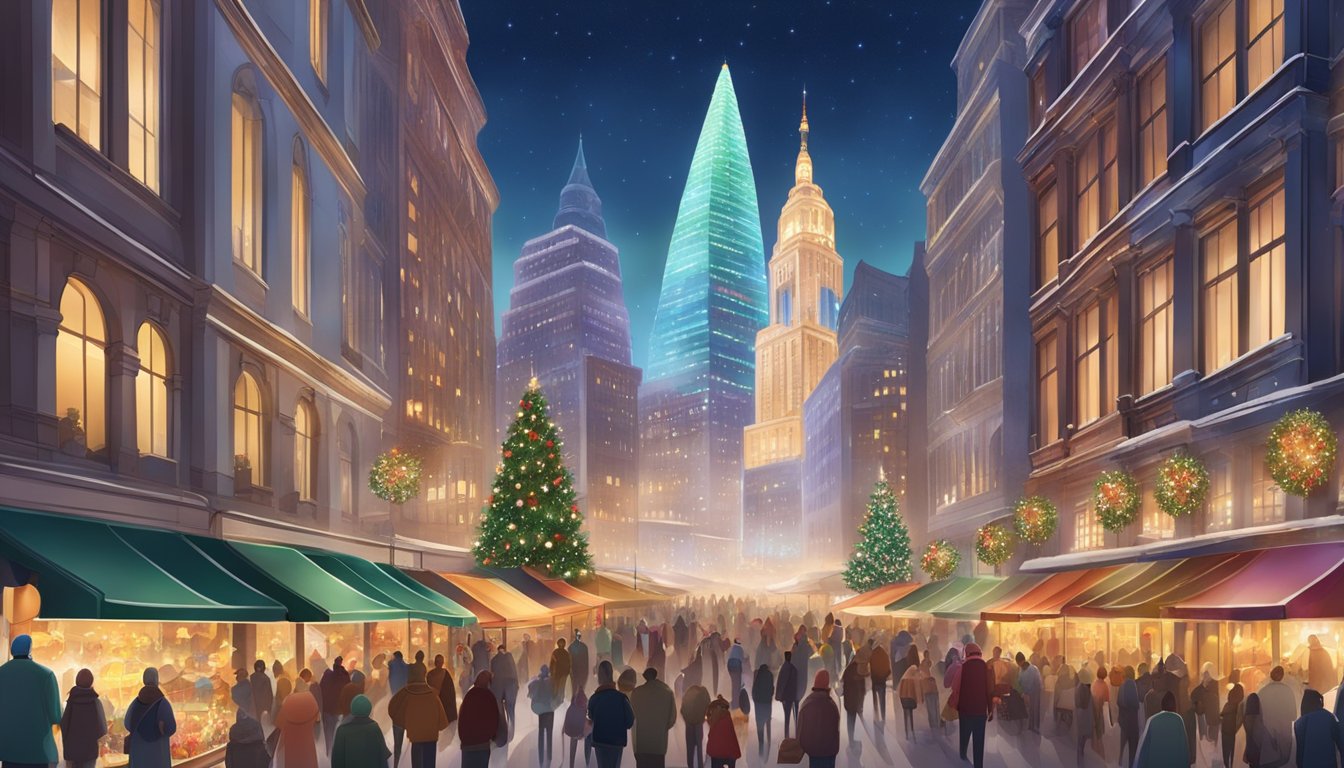 Colorful skyscrapers adorned with twinkling lights, a giant Christmas tree in the city center, and bustling markets filled with festive decorations