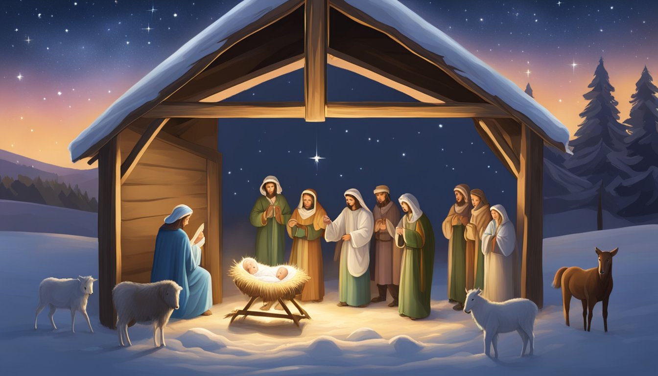 A bright star shines over a stable. Animals gather around a manger where a baby lies. An angel hovers above, announcing the birth of Jesus