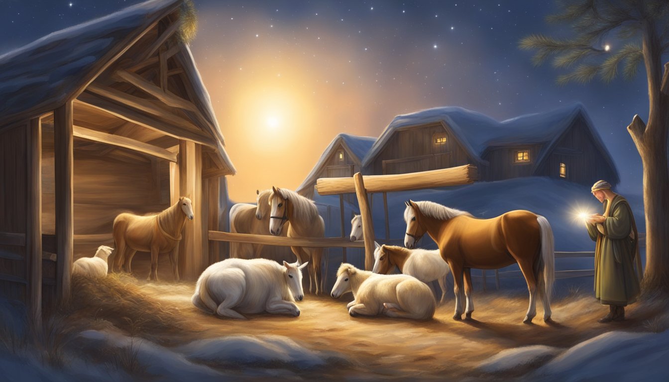 A bright star shines over a humble stable. Animals gather as a baby lies in a manger. Angels watch from above, heralding the birth of the savior