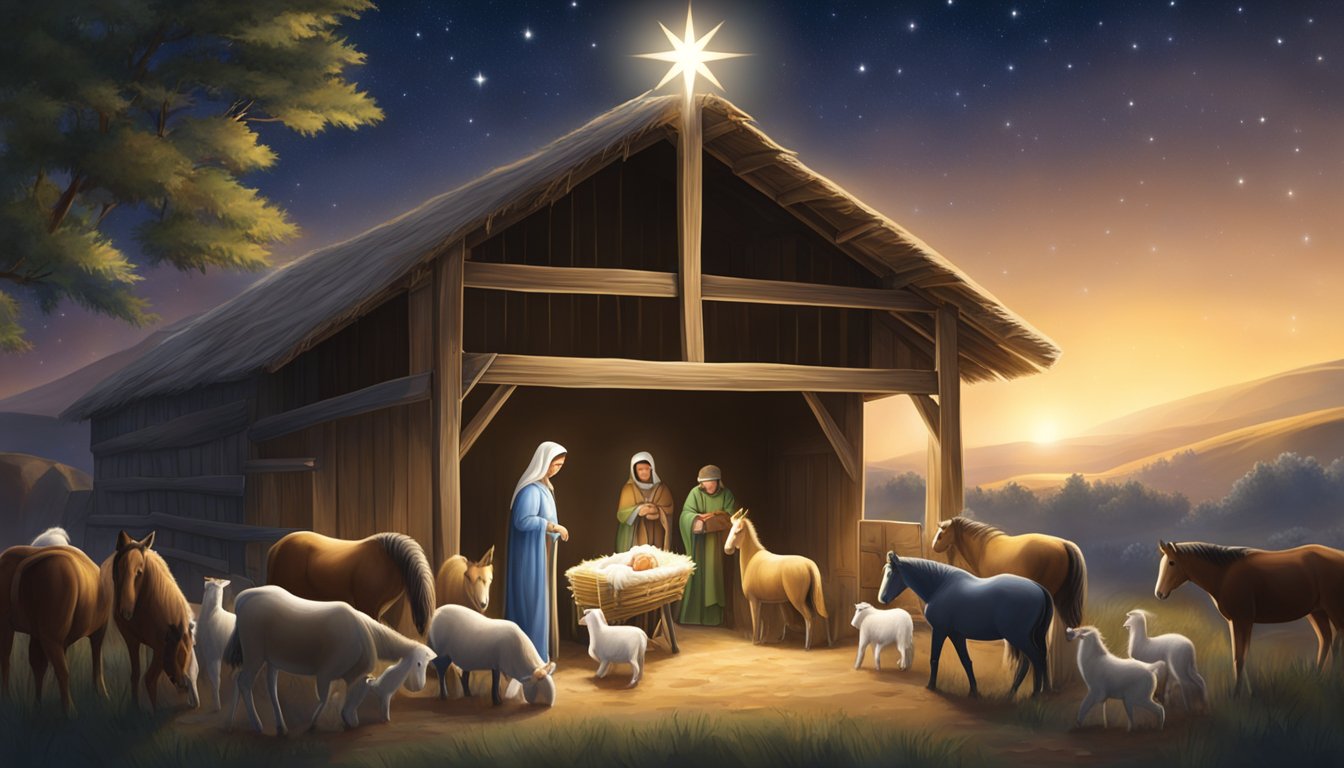 The star shines brightly over a stable, where animals gather around a manger holding a newborn baby