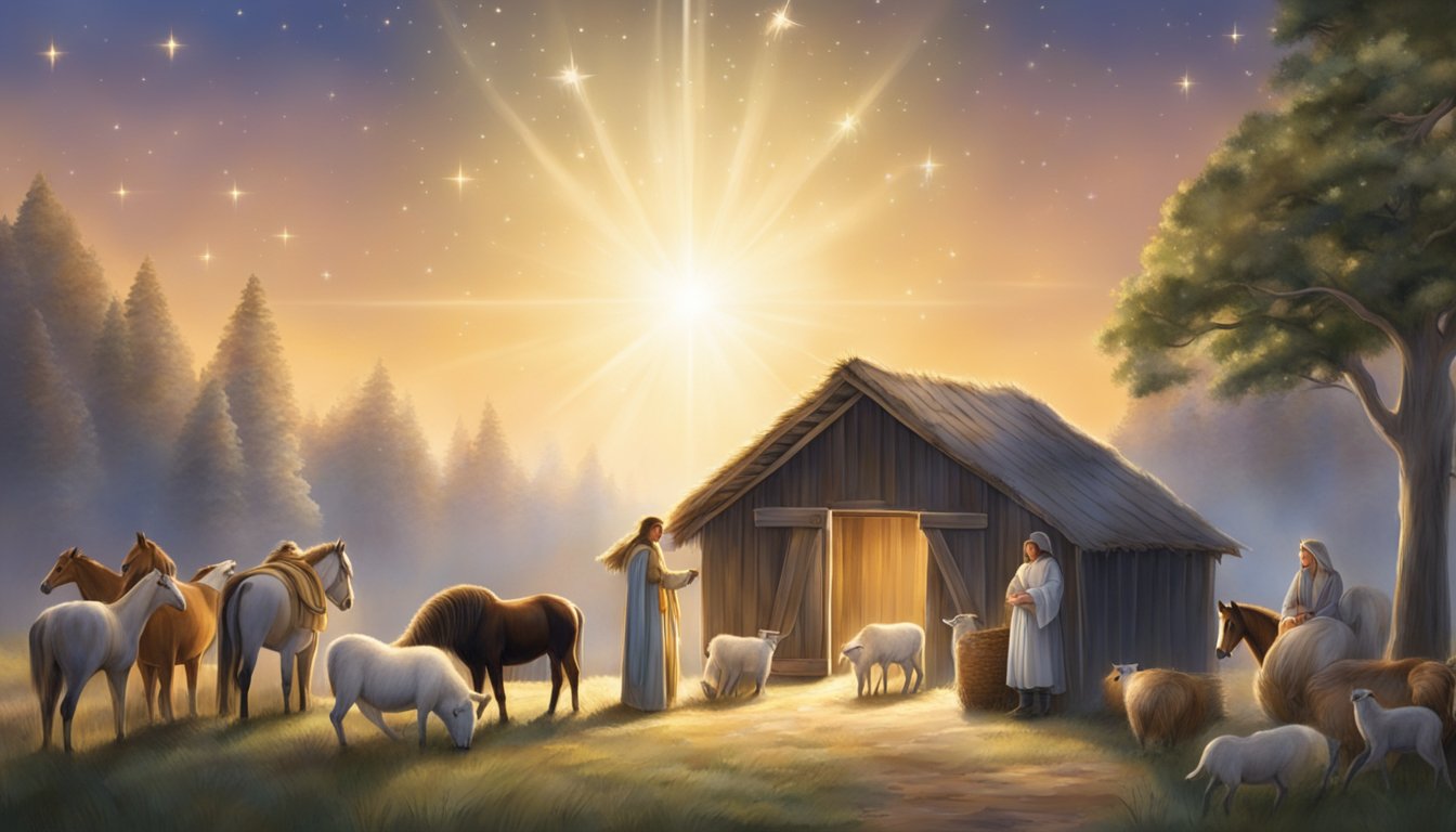 A bright star shines over a humble stable, where animals gather around a manger holding a baby. An angel hovers above, announcing the birth of a savior