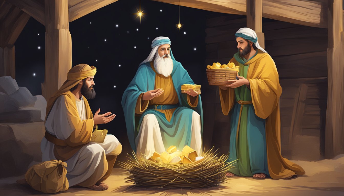 Three wise men presenting gifts to baby Jesus in a humble stable