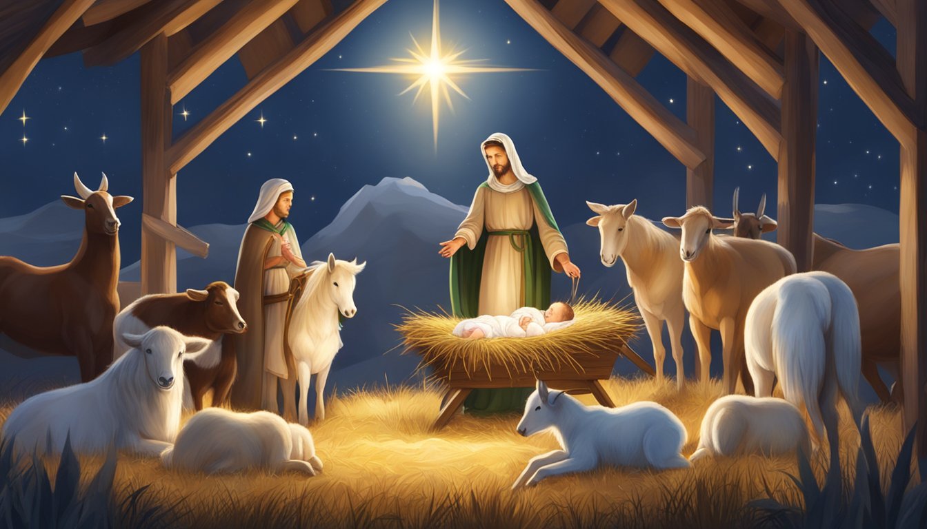A bright star shines over a stable with animals. A baby lies in a manger. Angels appear to shepherds in a field